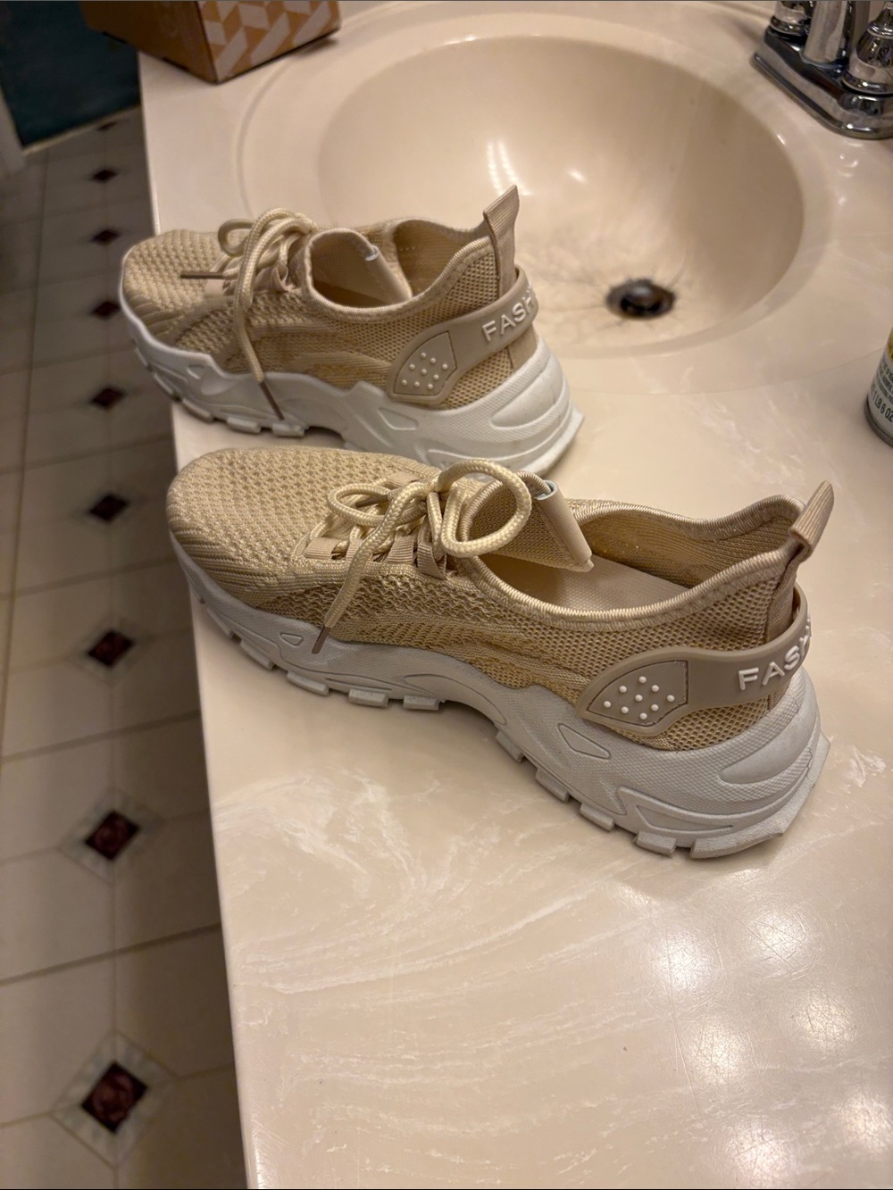Ash Beige Knit Chunky-Sole Sneakers